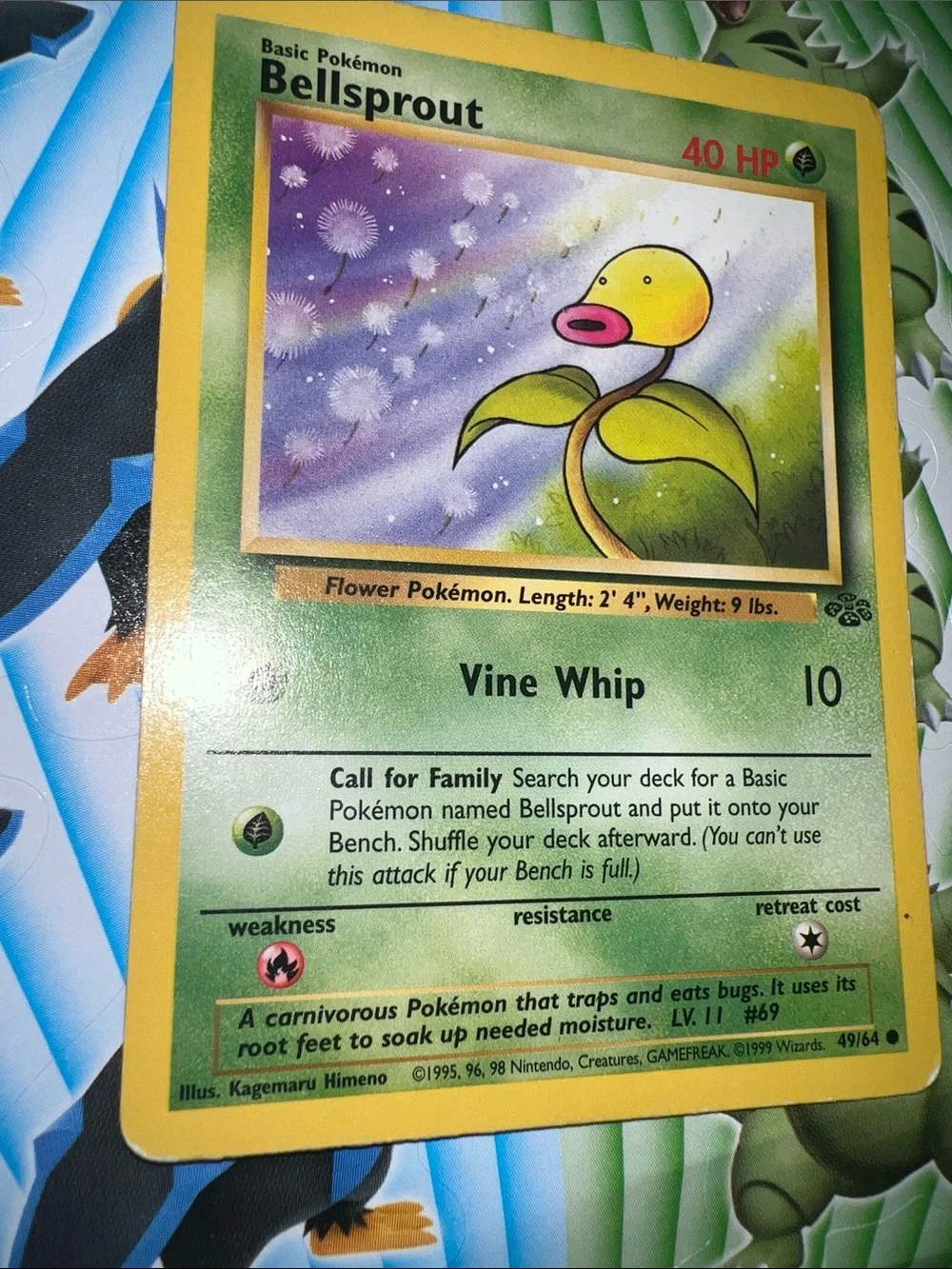 Pokemon Bellsprout Card - Yellow, Green, Purple Artwork